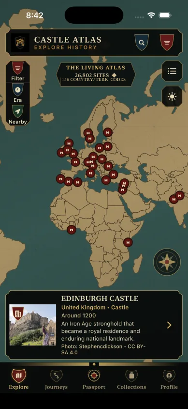 Castle Atlas iPhone map screen showing source-identified fortified sites